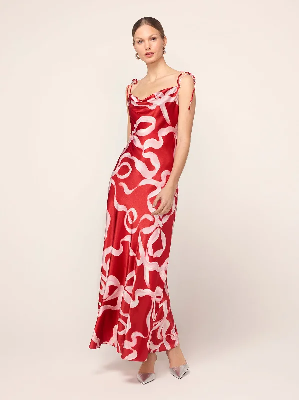 Lace DressCindy Red Ribbon Print Maxi Dress