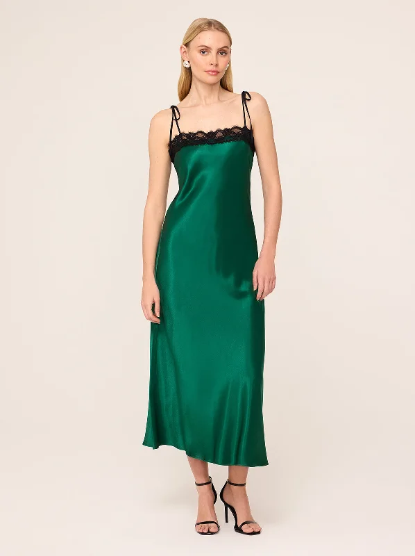 Trumpet DressVenetia Green Satin Lace Trim Maxi Dress