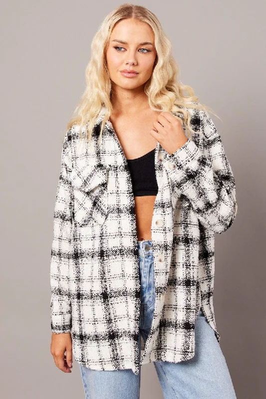 women's stylish topsWhite Check Relaxed Shirt Long Sleeve Shacket