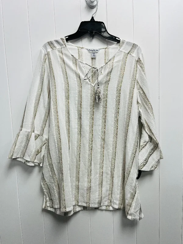 women's tops with ruffled hemsTop 3/4 Sleeve By Tommy Bahama In Cream & Tan, Size: M