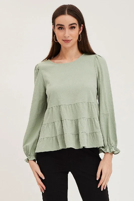 women's tops for cocktail partiesGreen Smock Top Long Sleeve