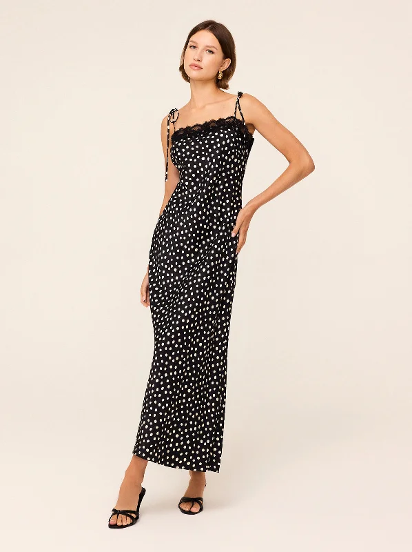 Floor-Length DressVenetia Black Polka Dot Print Lace Trim Maxi Dress