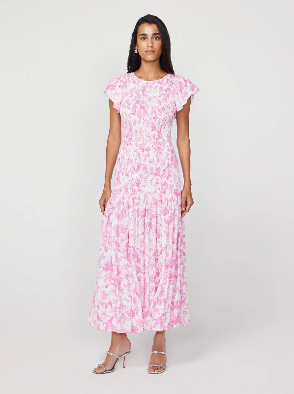 women's evening dressesJemima Pink Pansy Print Shirred Maxi Dress