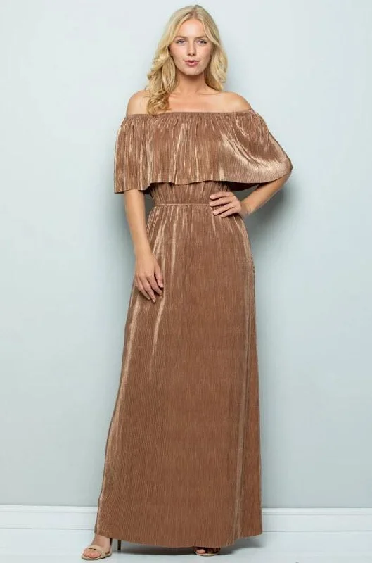 Organza DressMetallic Ruffle Maxi Dress, Bronze