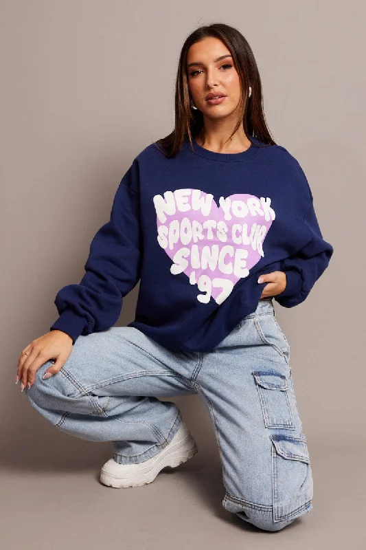 women's tops for those who love to experiment with fashionBlue Graphic Sweat Long Sleeve