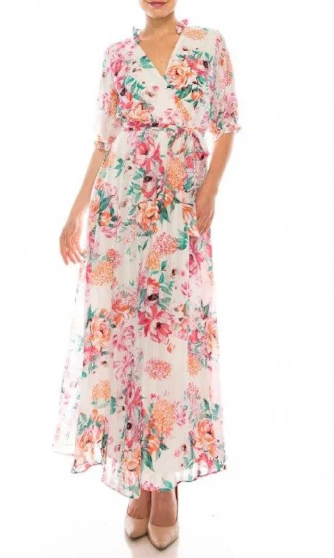 Minimalist DressMaison Tara - 95289MSC Ruffled Floral Chiffon Maxi Dress