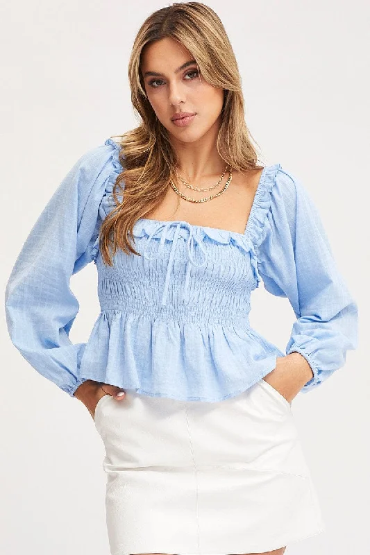 women's tops in solid colorsBlue Peplum Top Long Sleeve Semi Crop