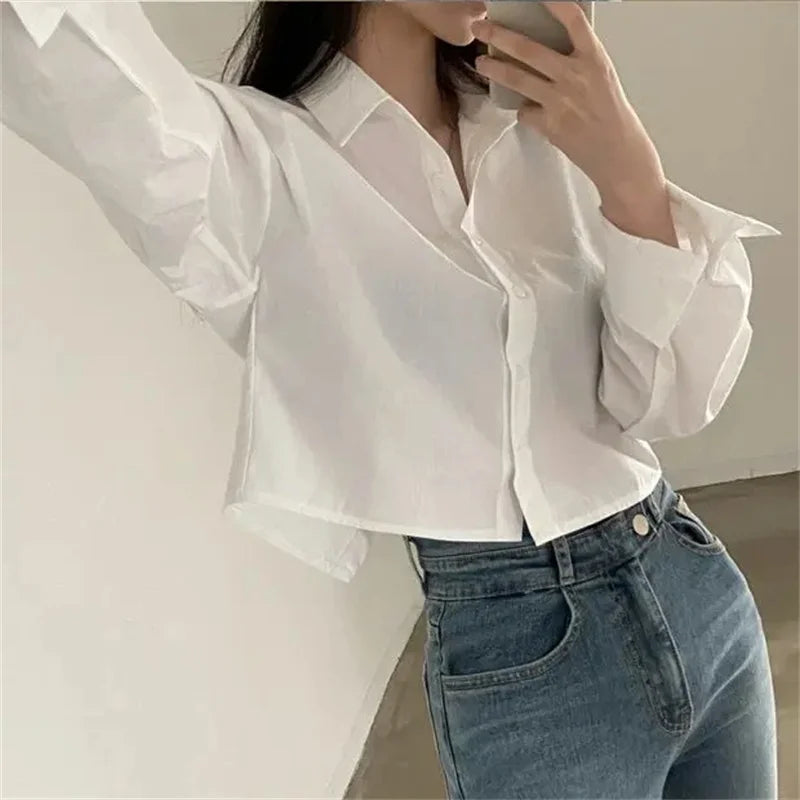 women's tops for mixing and matching with different bottomsWomen's Fashion Designer Crop Office Shirt Split Back Long-Sleeve Tops