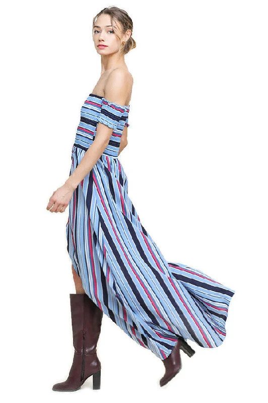 Bow-Tie DressStriped Ruffle Tulip Maxi Dress, Blue