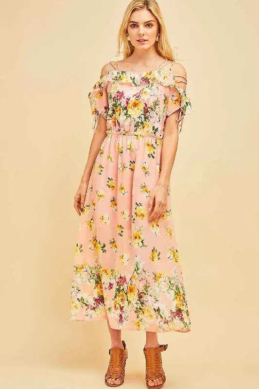 women's cold-shoulder dressesFloral Lace Up Maxi Dress