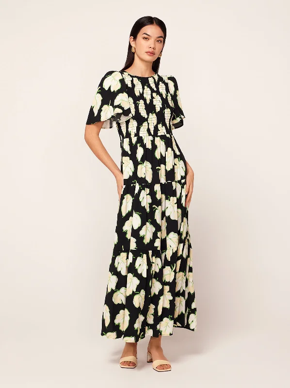 women's off-the-shoulder dressesBridget Black Vine Leaf Shirred Maxi Dress