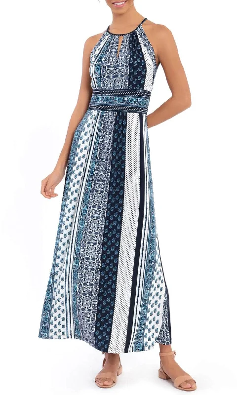 women's short-sleeved dressesLondon Times T6345M - Keyhole Front Print Maxi Dress