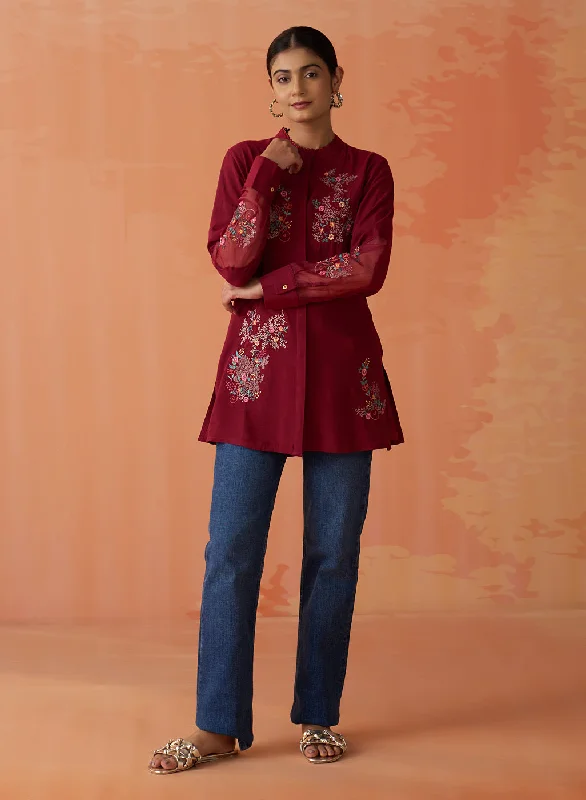 women's tops for those who prefer classic over trendy stylesKashni Maroon Embroidered Cotton Viscose Shirt for Women