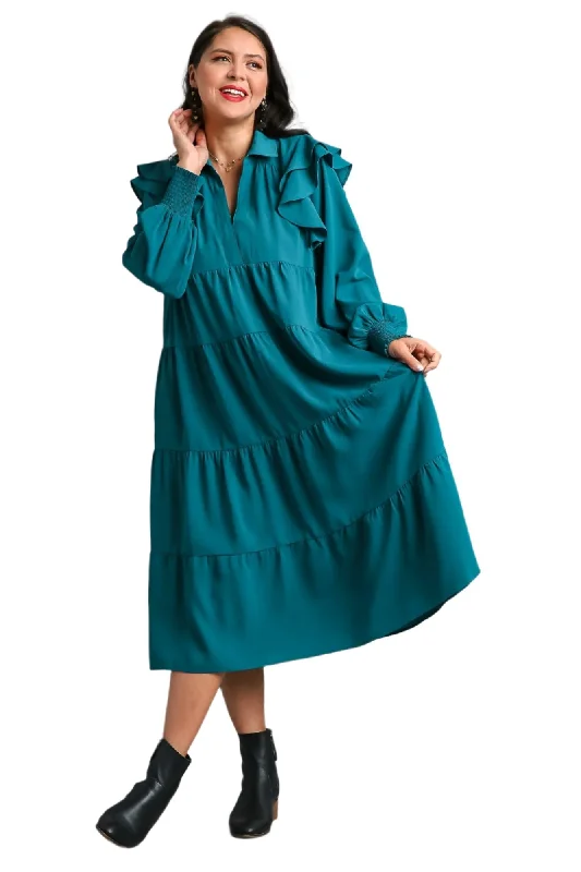 Laced DressRuffle Long Sleeve Tiered Maxi Dress, Teal