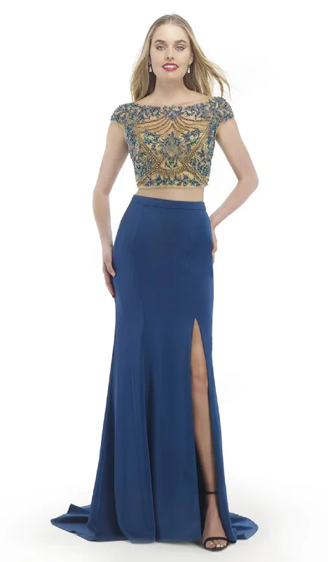 women's easy-to-wear dressesMorrell Maxie - Cap sleeve Exposed Midriff High Slit Gown 15783SC