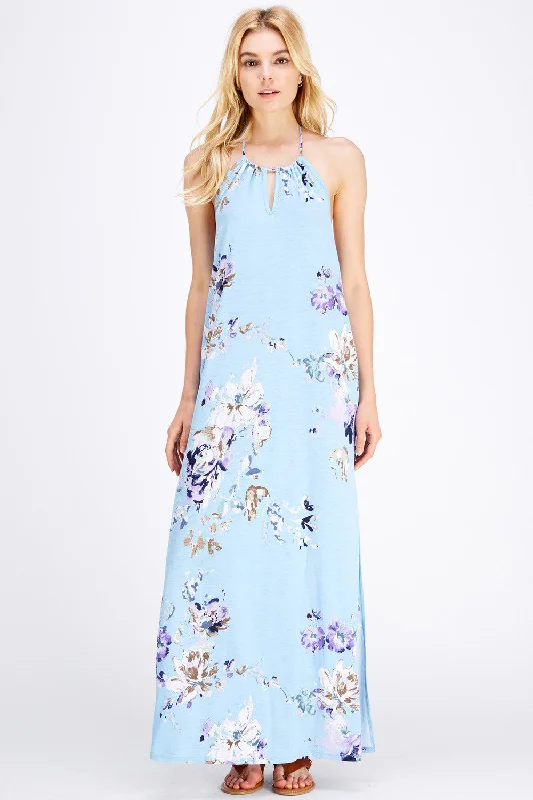 women's empire-line dressesFloral Halter Maxi Dress, Blue