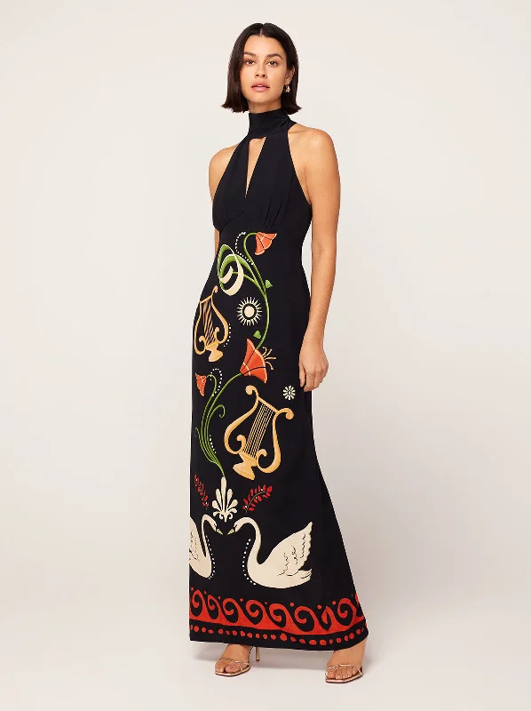 Velvet DressJacquetta Black Cygnus And Lyra Print Halterneck Maxi Dress