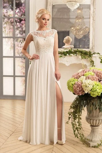 Formal DressSheath Maxi Bateau Cap-Sleeve Illusion Chiffon Dress With Split Front And Appliques