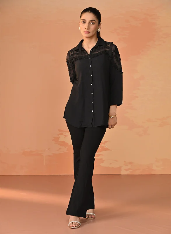 women's tops for those who love to shop for unique findsSamreen Black Embroidered Georgette Shirt for Women