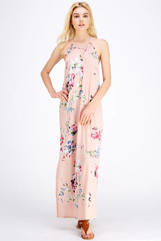 women's bell-sleeved dressesFloral Halter Maxi Dress, Blush