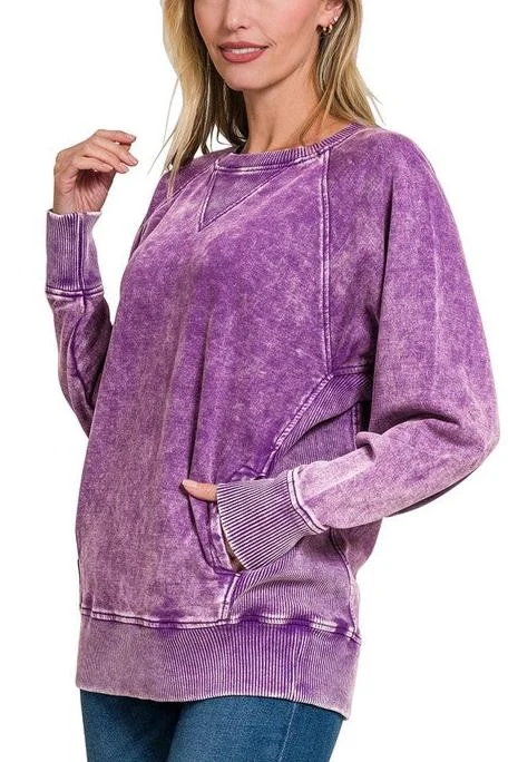 women's tops for glamorous eveningsPurple Mineral Wash Pocket Sweatshirt