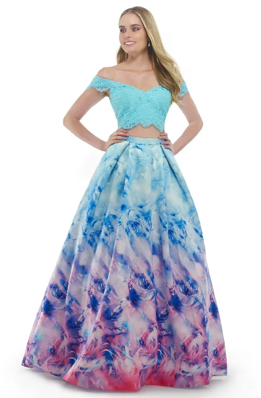 women's empire waist dressesMorrell Maxie - 15836 Lace Crop Top Mikado Printed Train Ballgown