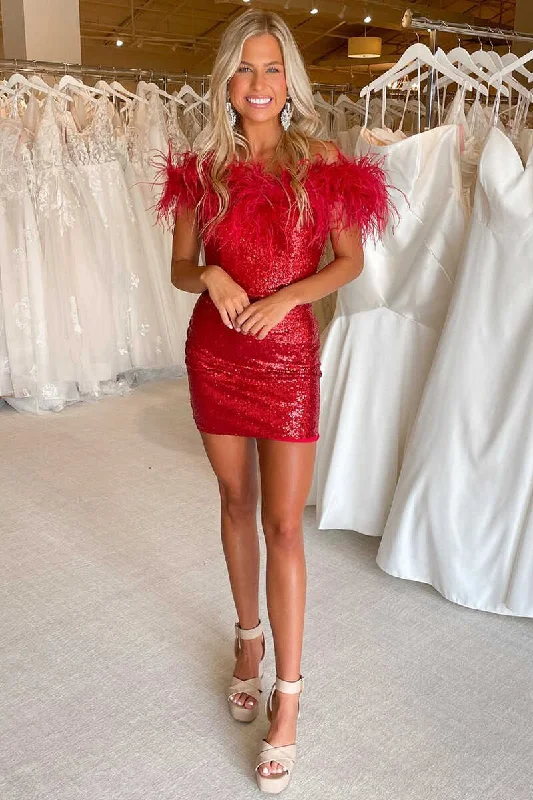 women's flowy dressesRed Off-the-Shoulder Feathered Bodycon Mini Homecoming Dress gh1319