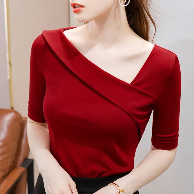 cozy women's tops for fall and winterWomen's Skew Collar Sheath Blouse Fashion Designer T-Shirts