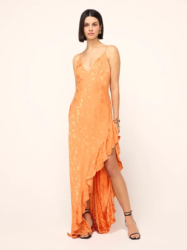 Peplum Hem DressBrigitte Apricot Tulip Jacquard Maxi Dress