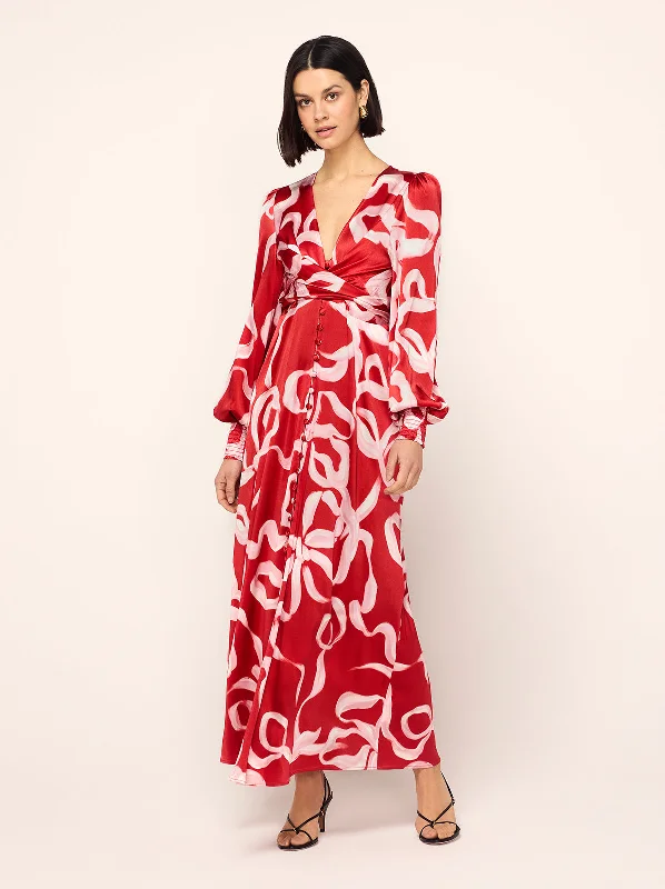 Long-Sleeve DressAurora Red Ribbon Print Maxi Dress