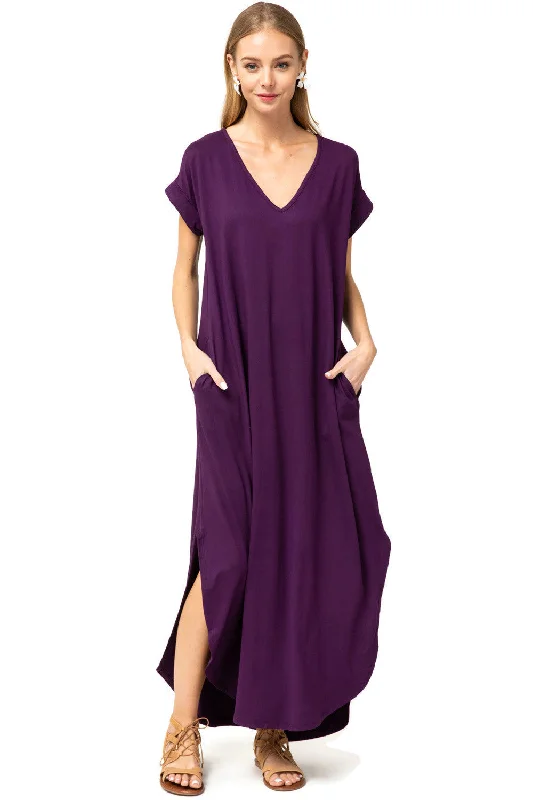 Solid Color DressEveryday Pocket Maxi Dress,  Plum