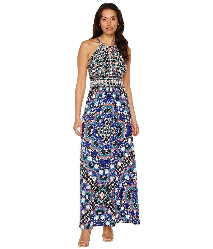 women's flowy dressesMaggy London T2658MNR Mixed Ikat Keyhole Cutout Halter Maxi Dress