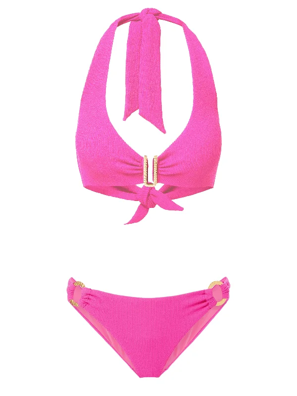 Eco-Friendly Female SwimwearMelissa Top + Ring Trim Bottom in Shocking Pink Texture