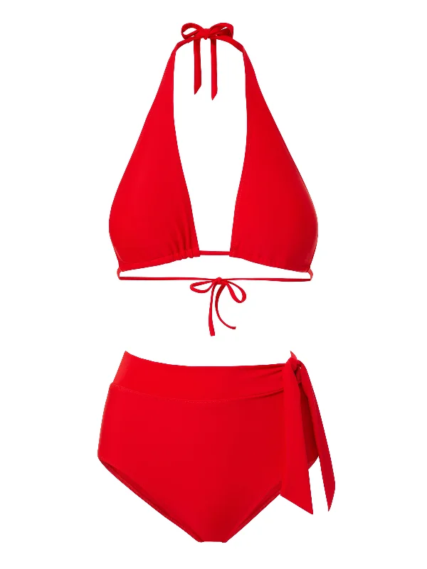 Ruffle-Trimmed Female SwimwearAllison Top + Side Tie High Waist Bottom in Cherry Red