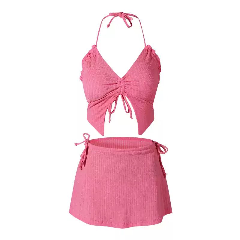 Bow-Accented Female SwimwearTwo Piece Backless SwimWear With Butterfly Top And Short Coverup Skirt