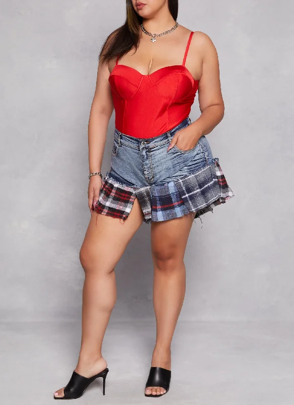 Plus Size Plaid Patchwork Hem Denim Shorts