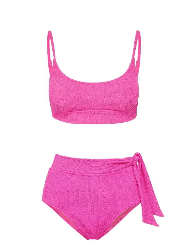 Flattering Tankini FemaleErika Top + Side Tie High Waist Bottom in Shocking Pink Texture