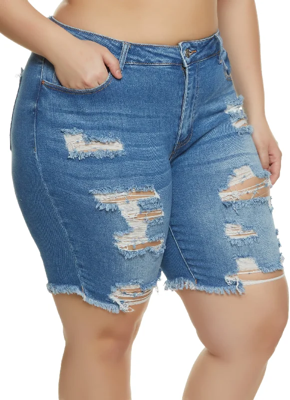 Plus Size Distressed Denim Bermuda Shorts