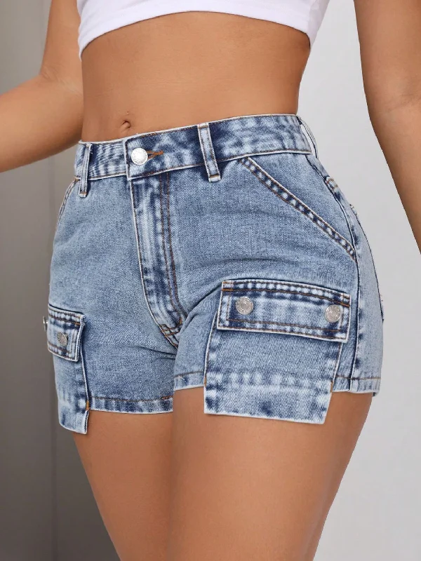 Mid-Rise Waist Denim Shorts with Pockets