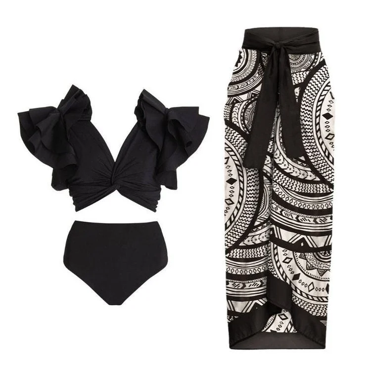 Casual Female SwimwearBlack Ruffle Sleeves High Waisted Two Piece Swim Wear With Printed Sarong By Sinderella