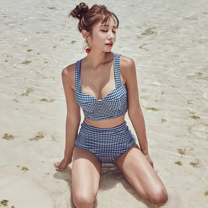 Lace-Up Female SwimwearJrem Two Piece Padded Plaid Piece High Waist Bikini Swim Suit Set