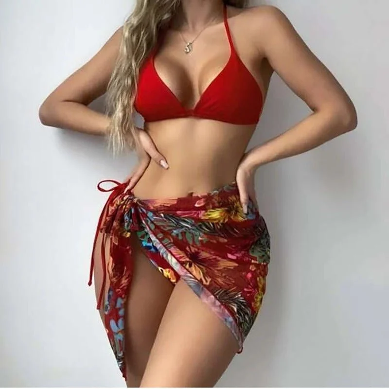 Flowy Skirt FemaleBonnie Three Piece High Waist Bikini Swim Suit Set