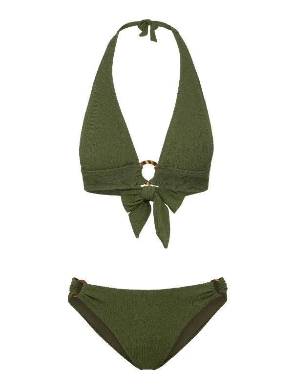 Patterned Female SwimwearErin Top + Ring Trim Bottom in Olive Texture