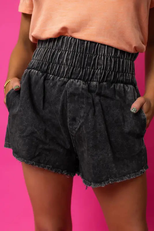 Smocked Waist Washed Denim Shorts