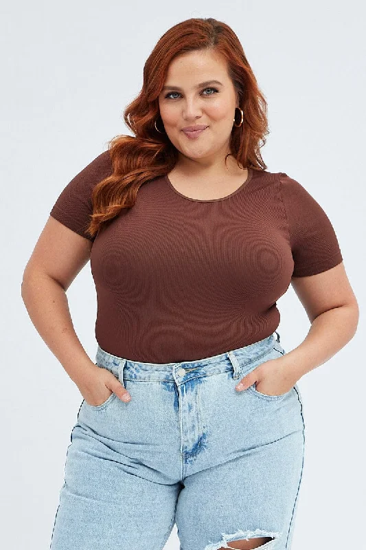 luxury women's topsBrown Bodysuit Short Sleeve Crew Neck Seamless