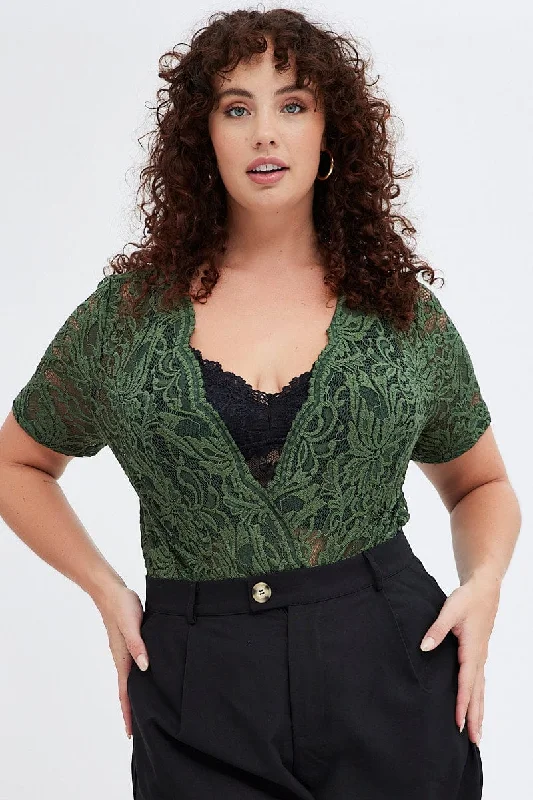 women's tops for those who value both quality and affordabilityGreen Lace Bodysuit Short Sleeve V-neck