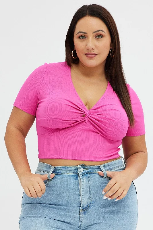 women's tops for those who want to wear pieces that are both functional and fashionablePink Jersey Top Short Sleeve Twist Rib