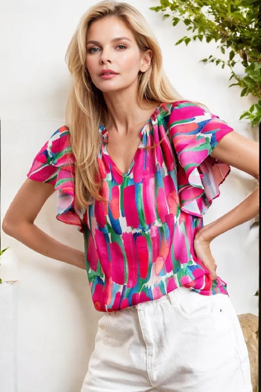 women's tops for those who love to shop for unique findsAbstract Brush Print Ruffled Sleeve Frill V Neck Blouse