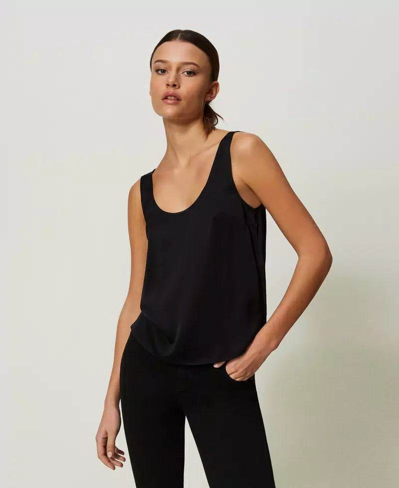 three-quarter sleeve women's topsSatin Wide Strap Top - Black