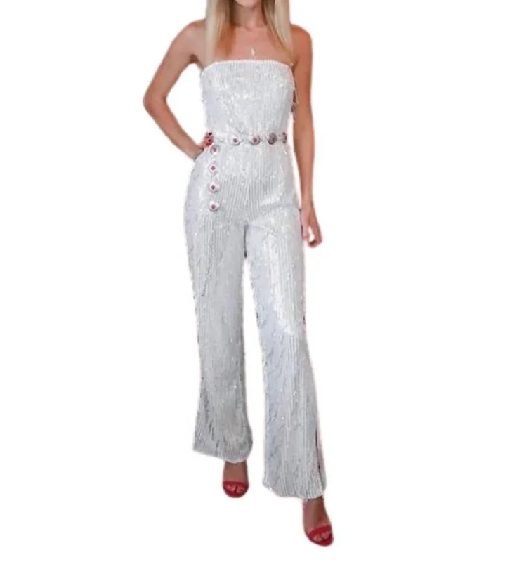 women's dress pantsRhinestone Metal Beaded Fringe Boydsuit In White